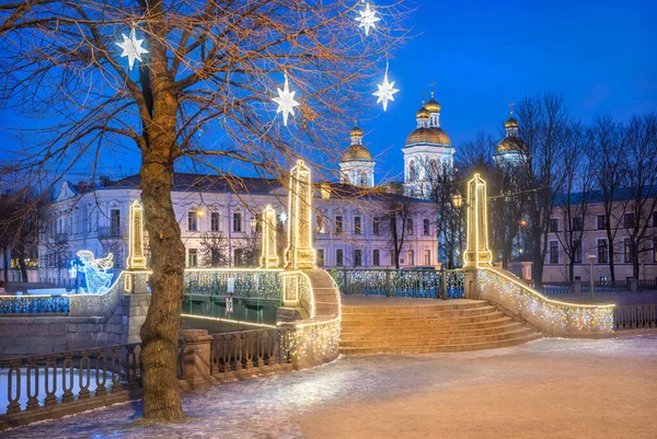 Nikolsky Námořní Katedrála Slavnostní Hvězdy Stromě Petrohradě Krasnogvardeisky Most Pod — Stock fotografie