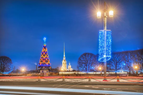 Peter Paul Fortress New Year Tree Petersburg Winter Blue Nigh — Stock Photo, Image