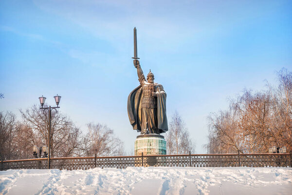 Monument to Ilya Muromets on the Oka embankment in Murom on a winter snowy sunny morning. Inscription: Ilya Muromet