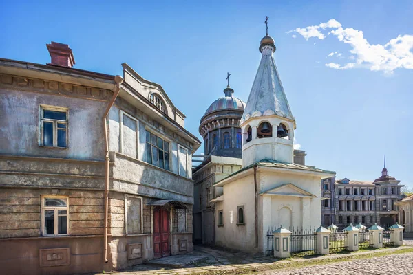 Une Réplique Vieilles Maisons Une Église Sur Une Rue Ville — Photo