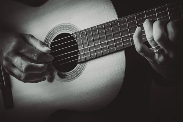 Man Finger Playing Strings Guitar Black White — Stock Photo, Image