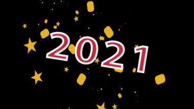 2021 yazıtları görünüyor. Yeni yılın gelişinin grafiksel animasyonu. Siyah arkaplanda küçük nesnelerin döndürülmesi.