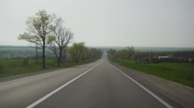 Küçük tüylü bir hayvan hızlı bir arabanın önünde yolun karşısına koşar. Kırsal alan, hafif doğal sarsıntısı olan bir arabadan görüldüğü gibi..