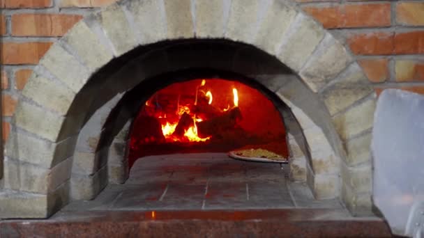 Fogo Arde Forno Forno Pizza Pizza Queijo Mozzarella Caseira Deliciosa — Vídeo de Stock