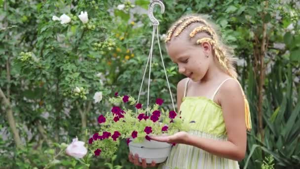 Une Jeune Fille Avec Des Tresses Tend Des Fleurs Dans — Video