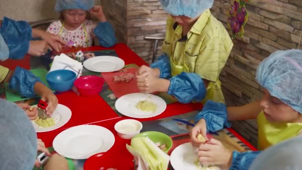 就学前の子供たちのグループが台所で調理することを学んでいます 子供たちは料理で楽しまれます 子供たちのフレンドリーな会社は台所で一緒に働く — ストック動画
