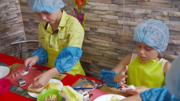 シェフの格好をしたキッチンの子供たちは熱いサンドイッチを作るのに忙しい 子供の家庭教育 — ストック動画