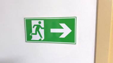 Duvarda koşan adam ve sağ okla yeşil acil çıkış işareti var.