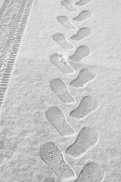 rhythmic footprint, boot tracks and car tires on thin white snow in winter go into the distance, vertical frame, ribbed tread, winter concept close-up