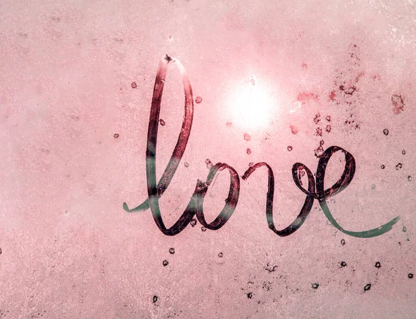 Love Lettering Drawn Finger Pink Misted Frosty Glass Sun Glare — Stock Photo, Image