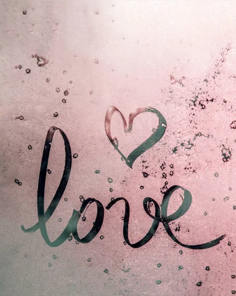 Love Lettering Symbol Heart Drawn Finger Pink Misted Frosty Glass — Stock Photo, Image