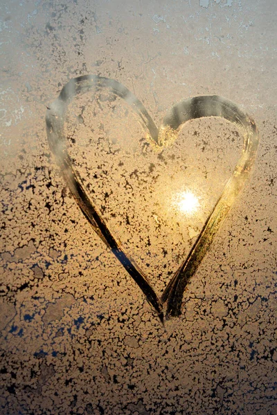 Symbol Beautiful Heart Yellow Sun Painted Misted Glass Texture Frost — Stock Photo, Image