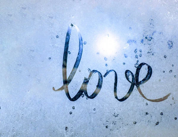 Winter Blue Glass Sun Inscription Love Frozen Glass Love Message — Stock Photo, Image