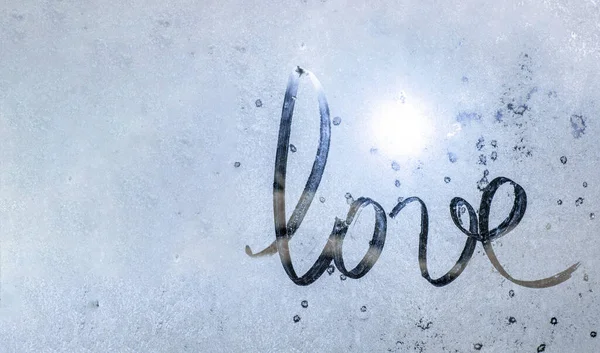 Winter Blue Window Glass Sun Inscription Love Frozen Glass Love — Stock Photo, Image