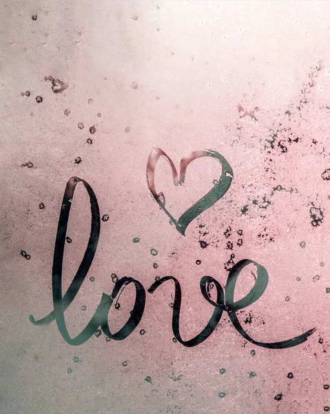 Winter Glass Sun Inscription Love Sign Heart Frozen Glass Love — Stock Photo, Image