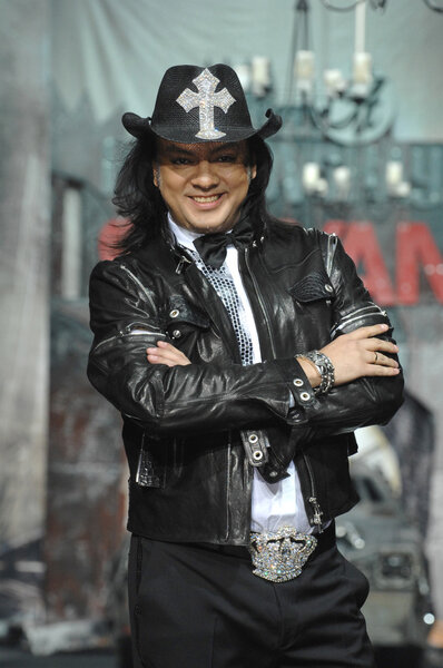 Moscow Fashion Week in Gostiny Dvor. Russian singer Philip Kirkorov in the hat on the catwalk at a fashion show fashion designer Ilya Shiyan, MOSCOW, RUSSIA