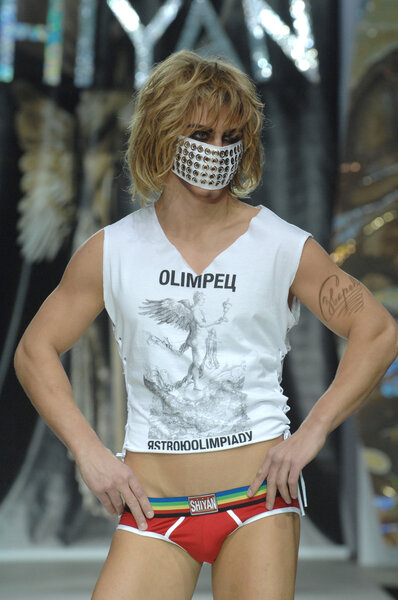 Moscow Fashion Week in Gostiny Dvor. Famous Russian stylist Sergey Zverev in the fashion show of fashion designer Ilya Shiyan, MOSCOW, RUSSIA