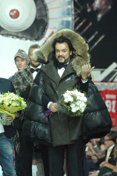  Moscow Fashion Week in Gostiny Dvor. Russian singer and actor Philipp Kirkorov on the runway at the fashion show of designer Ilya Shiyan