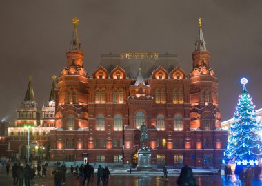  Anıtın Mareşal Georgy Zhukov, bir Noel ağacı ve Tarih Müzesi, Moskova, Rusya Federasyonu