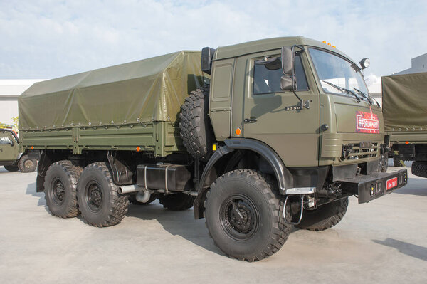 MILITARY GROUND ALABINO, MOSCOW OBLAST, RUSSIA - Aug 22, 2017: Russian truck KAMAZ-5350 family "Mustang" in the International military-technical forum Army-2017, front view-right