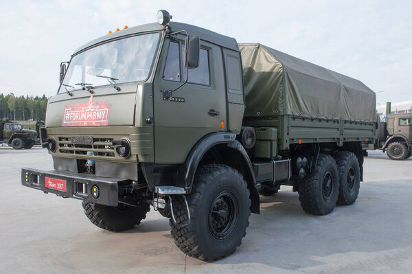 MILITARY GROUND ALABINO, MOSCOW OBLAST, RUSSIA - Aug 22, 2017: New Russian truck KAMAZ-5350 family "Mustang" in the International military-technical forum Army-2017, front-side view