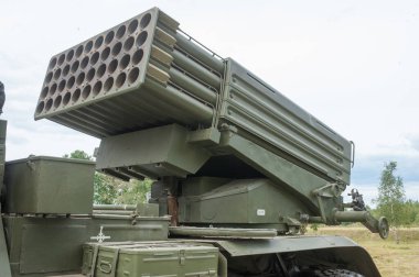 ALABINO, MOSCOW Region, RUSSIA - June 25, 2019 : Russian upgraded multiple launch rocket system 9K51M 