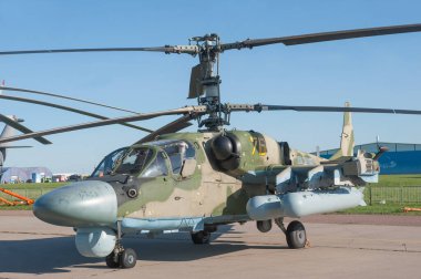 Zhukovsky, RUSSIA - 28 Ağustos 2019: Rus askeri helikopteri Kamov Ka-52 