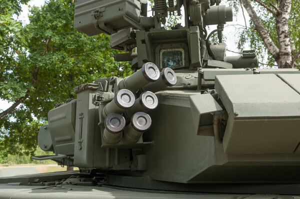 ALABINO, MOSCOW Region, RUSSIA - June 25, 2019: Right part of the tower of the new Russian T-90A main tank, the Alabino training ground, International Military Forum ARMY-2019