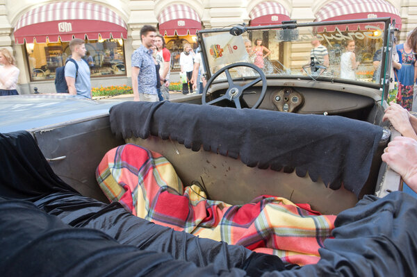 Soviet retro car GAZ-A (licensed copy Ford-A) for retro rally Gorkyclassic in the Parking lot near Gum Department store, Moscow, cabin