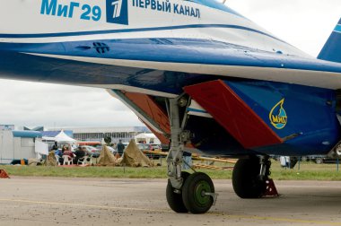 Russian MiG-29 with the logo of the Russian 1st TV channel  at the International Aviation and Space salon (MAKS) on August 21, 2009 in Zhukovsky, Russia, fragment clipart