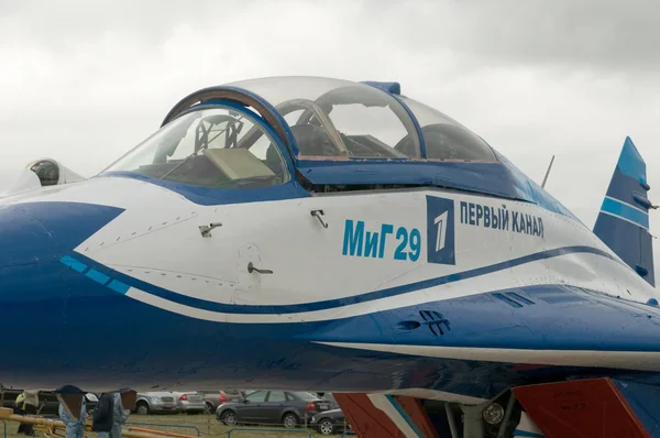 Russian MiG-29 with the logo of the Russian 1st TV channel  at the International Aviation and Space salon (MAKS) on August 21, 2009 in Zhukovsky, Russia, fragment cab — Stock Photo, Image