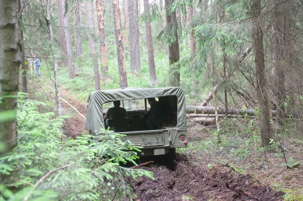 U.S. army Dodge WC-51 in the woods on a heavy road, 3rd international meeting "Motors of war" near the city Chernogolovka, rear view — Stock Photo, Image