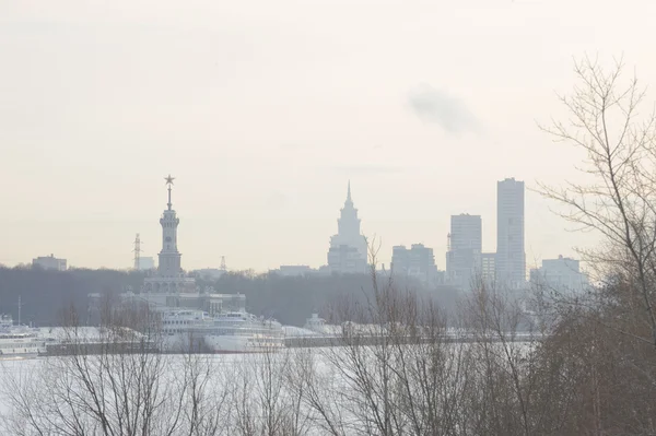 Northern river station on the background of modern buildings in winter, Moscow, Russia — Stock Photo, Image