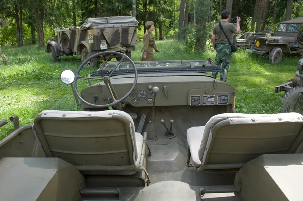 The cabin of the vehicle Willys MB at the 3rd international meeting of "Motors of war" near the town of Chernogolovka, Moscow region — Stock Photo, Image