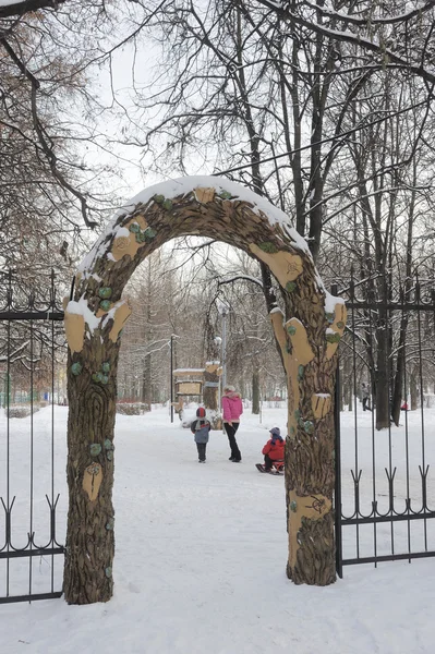 Łukowe wejście do Parku Północnym Tuszyno w zimie, Moskwa, Federacja Rosyjska — Zdjęcie stockowe