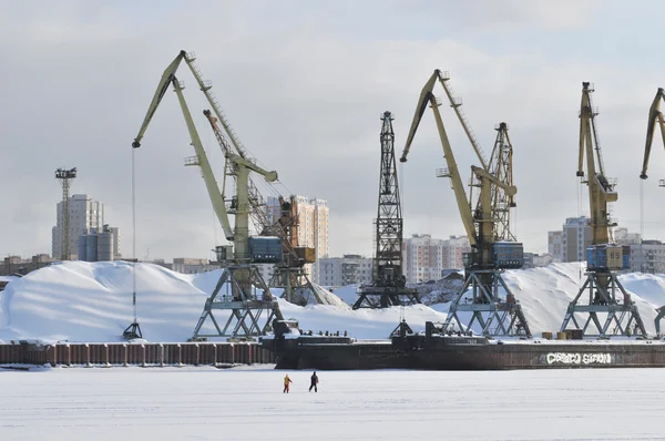 Port cranes in North port in Moscow on the background of multi-storey buildings — Stock Photo, Image