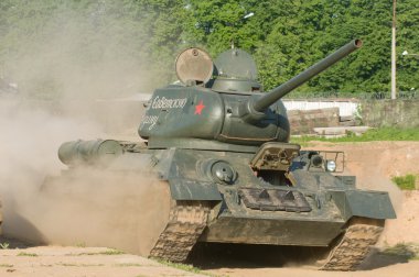 Historical Soviet old Tank T-34-85 on the move