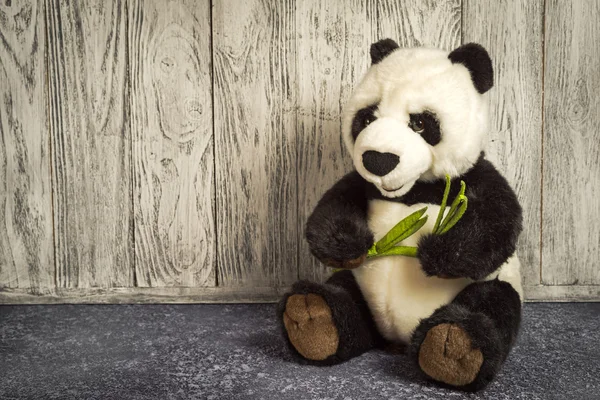 Velho vintage panda brinquedo macio na estante na sala das crianças no fundo de madeira — Fotografia de Stock