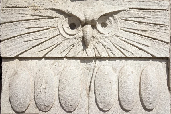 Ancient Owl Head Bas-Relief on the Wall (em inglês). Detalhes da arquitetura Close Up. Copiar espaço para o seu texto na metade inferior em asas . — Fotografia de Stock