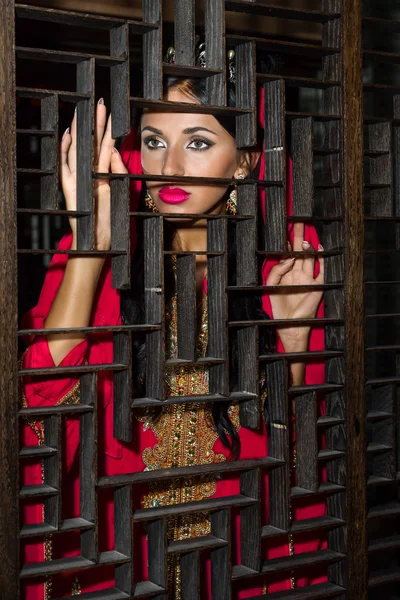 Retrato de una hermosa mujer en vestido oriental. Gracia y belleza. Chica joven en un vestido rojo árabe caro de pie detrás de la rejilla de madera . — Foto de Stock