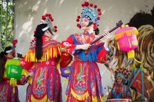 Moscú, Rusia - 31 de julio de 2016: la actuación del espectáculo chino Golden Dragon Drumpst al aire libre durante la celebración del día internacional del tigre en Moscú. Baile con linternas . — Foto de Stock