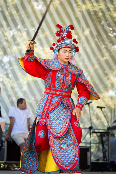 Moscú, Rusia - 31 de julio de 2016: la actuación del espectáculo chino Golden Dragon Drumpst al aire libre durante la celebración del día internacional del tigre en Moscú. Guerrero chino con espada . — Foto de Stock