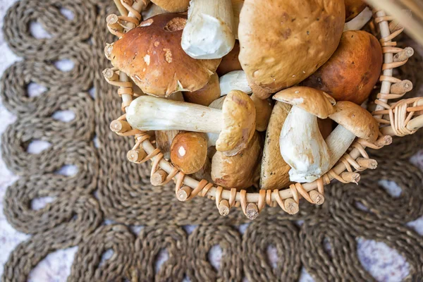 Cogumelos de boleto em uma visão superior de cesta — Fotografia de Stock