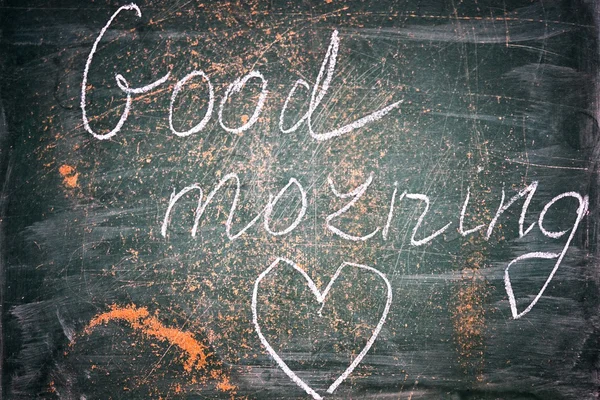 Inscription good morning and heart shape on a chalk board, close up — Stock Photo, Image