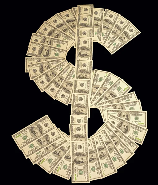 Dollarzeichen mit vielen 100-Dollar-Banknoten auf schwarzem Hintergrund — Stockfoto