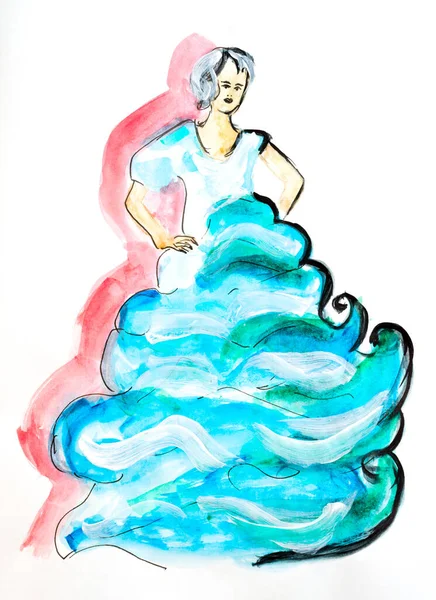 Akvarell Kézzel Rajzolt Festmény Egy Kék Hercegnő Ruha — Stock Fotó