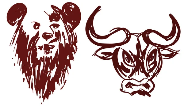 強気と弱気市場の象徴として白の背景に隔離された手描きのクマと牛の頭のシルエット Eps10ベクトルイラスト — ストックベクタ