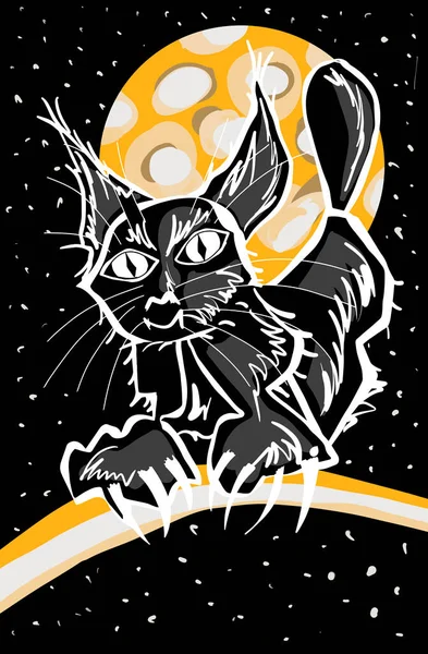 Gato Negro Dibujado Mano Por Noche Aislado Sobre Fondo Negro — Vector de stock