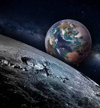 Dünya 'nın yıldızlı bir gökyüzünde yükseldiği Ay manzarası, NASA tarafından desteklenen bu görüntünün elementleri.