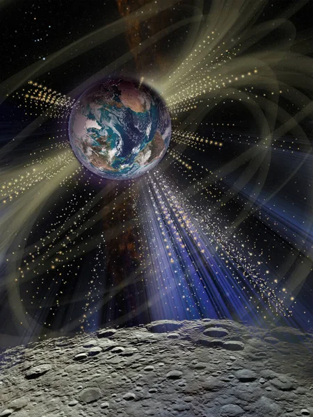 Luz Brillante Futurista Alrededor Del Planeta Tierra Desde Superficie Luna —  Fotos de Stock